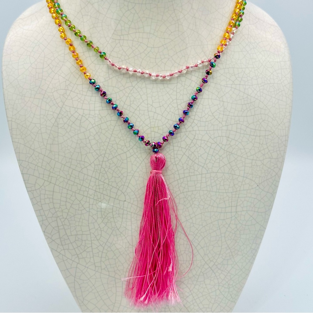 Pink Tassel Multicolor Beaded Bohemian Necklace